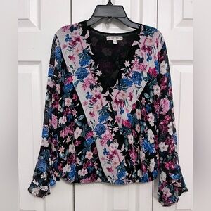 Guess Women's Floral V-Neck Blouse - Black, Blue, and Pink